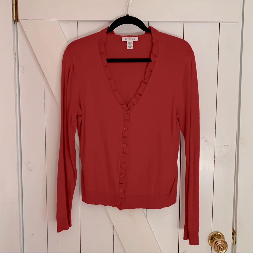 Bright Red Sweater V-Neck Sweeater Button Down Sweater Ruffle Hem Sweater